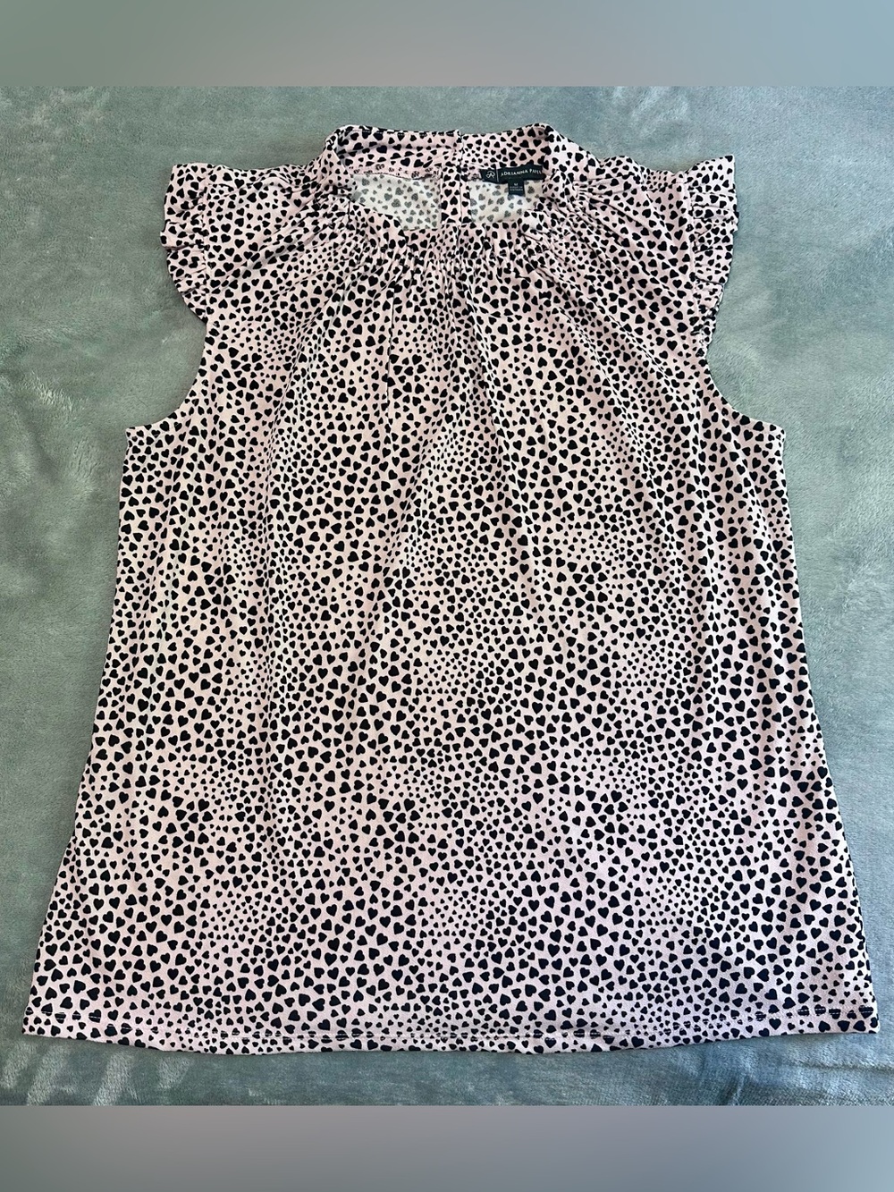 Adrianna Papell Pink and Black Heart Print Ruffle Sleeve Top MEDIUM